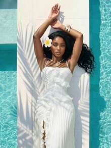 Slaydiva New Early Spring, Spring And Summer Music Festival, Valentine's Day, Easter, Bohemian Style, Nomadic Style, Casual And Simple Basic Style, Cruise Party, Birthday Party, Daily Date, Casual Vacation, Elegant Commuting, Halter, Strapless, Pleated Ruffles, Side High Slit To Thigh Pleated Skirt, White Dress, Long Dress For Women -A - White - View 6