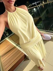 Slaydiva New Early Spring, Spring And Summer Music Festival, Valentine's Day, Easter, Bohemian Style, Nomadic Style, Casual, Simple And Basic, Cruise Party, Birthday Party, Daily Date, Casual Vacation, Elegant Commuting, Round Neck, Halter, Tie, Large Backless, Pleated Design, A Skirt, Light Yellow Dress, Slim Dress, Long Dress, Net Fabric, Long Dress For Women -B - Light Yellow - View 11