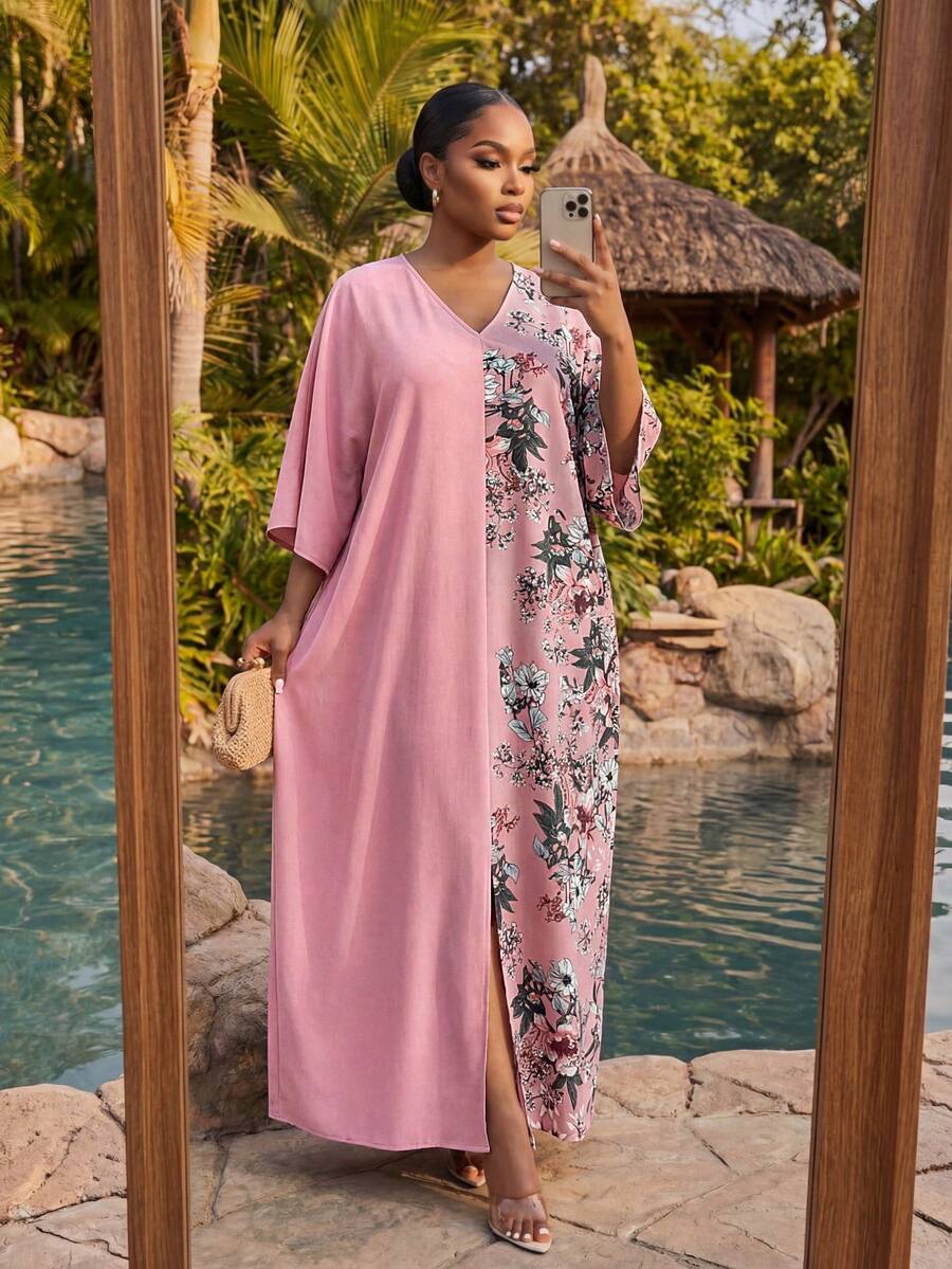SHEIN Lady CURVE Plus Size V-Neck Long Sleeve Solid Color Pink Flowers Patchwork Loose Casual Dress, Summer - Pink - View 1