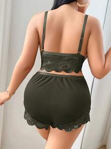 Slumberist 3pcs Set: Lace Trim Camisole Shorts + Floral Lace Trim Loose Robe, Plus Size - Army Green - View 4