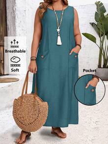 EMERY ROSE Plus Size Women's Solid Color Round Neck Pocket Design Casual Sleeveless Dress - Blue Day - View 1