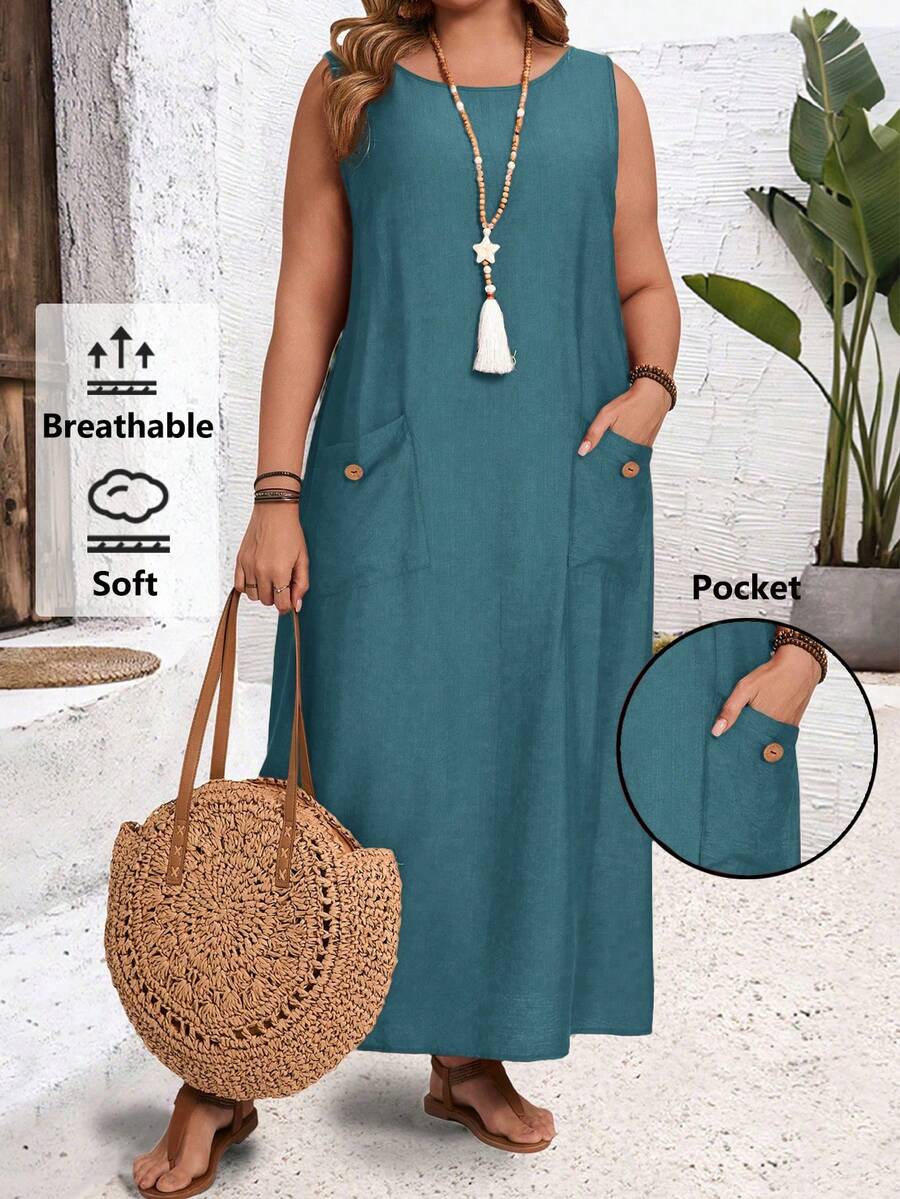 EMERY ROSE Plus Size Women's Solid Color Round Neck Pocket Design Casual Sleeveless Dress - Blue Day - View 1