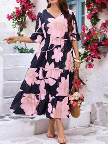 Miaspire Plus Size Navy Blue Floral Print Midi Dress For Women,Summer Boho Elegant Casual Vacation Holiday Outfits,Country Style Tea Party Mothers Day Dress - Multicolor - View 3