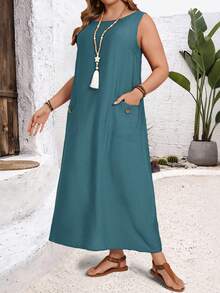 EMERY ROSE Plus Size Women's Solid Color Round Neck Pocket Design Casual Sleeveless Dress - Blue Day - View 5