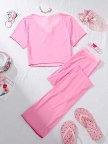 PetitDoll 2 件套撞色圆领蝴蝶结装饰短款上衣和长裤性感内衣套装 - 粉色 - 查看 2