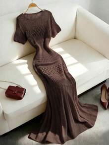Breezaya 2026春夏新款欧美风性感修身腰部休闲度假日常户外女士浪漫海滩派对晚宴海边针织米色女式毛衣连衣裙，镂空慵懒舒适，适合情人节穿着。 - 咖啡棕 - 查看 4