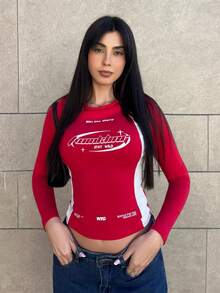 Hitanina Camiseta de manga larga de cuello redondo de algodón con bloques de color azul oscuro para mujer, para uso casual en días de juego, de vuelta a la escuela y en otoño/invierno - Burdeos - Ver 1