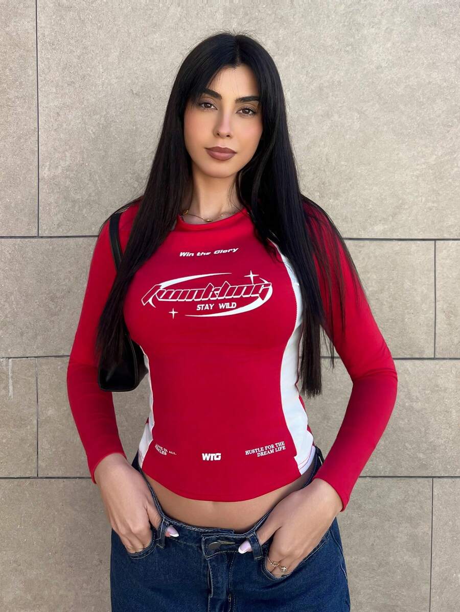 Hitanina Camiseta de manga larga de cuello redondo de algodón con bloques de color azul oscuro para mujer, para uso casual en días de juego, de vuelta a la escuela y en otoño/invierno - Burdeos - Ver 1