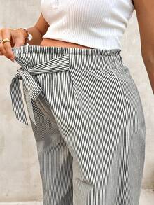 SHEIN 孕妇条纹系带阔腿宽松休闲裤 - 黑色 - 查看 3