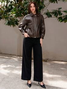 Bris Aura 秋季新款宽松休闲PU皮女式夹克，秋季女装皮夹克 - 棕色 - 查看 3