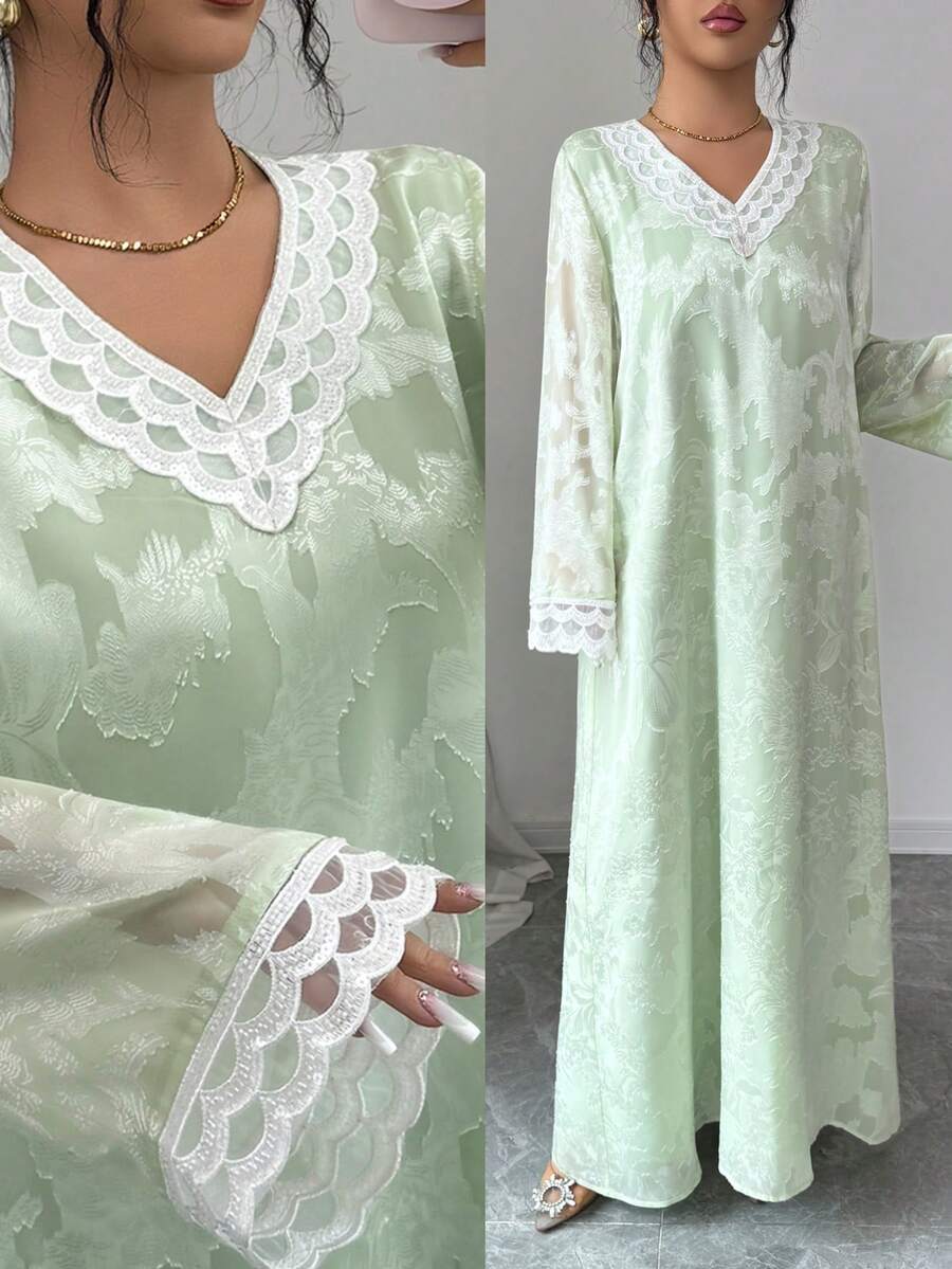 Al Najma Đầm xanh thêu và đính cườm kiểu Thổ Nhĩ Kỳ, thanh lịch và tôn dáng. - màu xanh lá - Xem 1