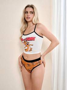 TOM & JERRY X SHEIN Women's Cartoon Print Camisole Bra Set - White - View 5