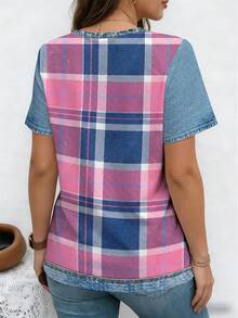 EMERY ROSE Camiseta casual de manga corta con cuello en V acanalado, estampado de retazos, talla grande, para primavera y verano - Multicolor - Ver 2