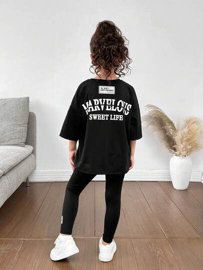 SHEIN Young Girls & Toddler Girls Casual Matching Mother-Daughterl 2pcs/Set Letter Print Dropped Shoulder Round Neck T-Shirt And Pants, Casual Outfit, Great For Casual & Daily Wear & School Daily In Spring And Autumn,Valentine's Day,Mom And Daughter Matching,Sister And Me Matching