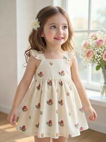 女婴可爱碎花荷叶边休闲连衣裙，杏色 - 卡其色 - 查看 1