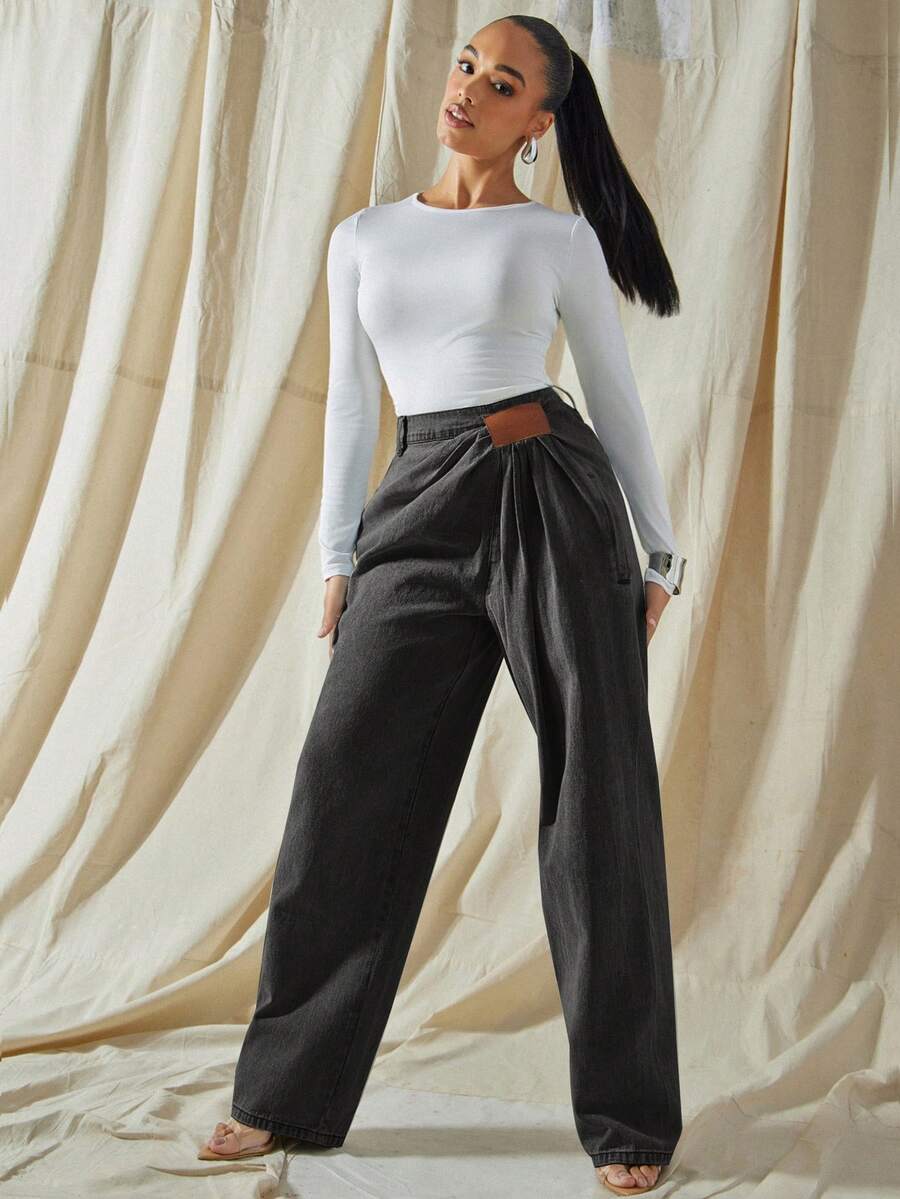 Vixey Jeans rectos de bolsillo sesgado con detalle de parche para uso diario casual de mujer - Negro - Ver 1