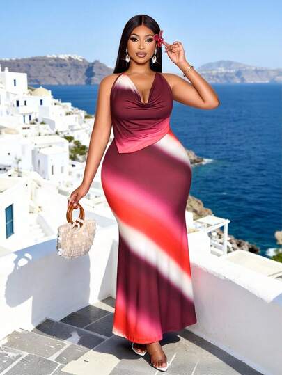 SOLERSUN Plus Size Women's Spring And Summer Fashionable, Elegant, And Sexy Vacation Long Dress With Sleeveless Suspender, Backless, Swinging Collar, Pocket Collar, No Waist Bag, Buttocks, Fish Tail, Red Pink Color, Adjustable Positioning Print, Suitable For Tropical Hot Beach Island Parties, Cocktail Parties, Parties, Wedding Guest Dresses, Back To School Dances, Music Festivals,Maxi Dress