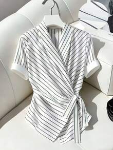 Franclia Women's Simple Casual Striped Short-Sleeve Side-Tie Casual Shirt   Summer  Summer Shirt  Summer Outfits   Summer Clothes   Elegant Shirt For Women   Elegant Shirt Women    Elegant Women's Shirt   Casual Shirt For Women   Casual Shirt   Casual Women's Shirt   Striped Shirt  Black And White Striped Shirt - Black and White - View 1