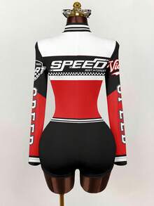 SHEIN ICON 休闲简约运动街头风连体裤，适合派对、聚会、机场、摩托车/赛车等场合，黑色红色数字字母英文印花图案，音乐节、夏季户外修身连体裤 - 彩色 - 查看 9