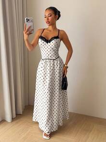 Slaydiva Women's Lace Trim White With Black Polka Dots Long Dress,Summer Tropical Vacation Holiday Beach Dresses,Wedding Guest Graduation Party Formal Outfit - Apricot - View 5