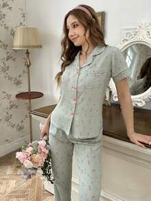 CottageSlumber Women's Ditsy Floral Short Sleeve Button-Up Top And Pants Pajama Set - Green - View 3