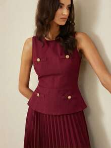 BELROSIE Fashionable & Elegant Commuting Thick Fabric + Pleated Skirt Sleeveless Dress, Suitable For Early Autumn - Burgundy - View 2