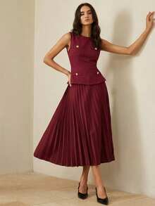 BELROSIE Fashionable & Elegant Commuting Thick Fabric + Pleated Skirt Sleeveless Dress, Suitable For Early Autumn - Burgundy - View 6