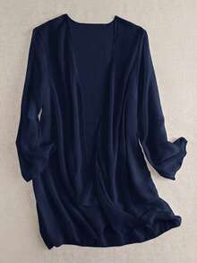 Swim Basics Solid Color Kimono Cover-Up For Beach Vacation - Navy Blue - View 3