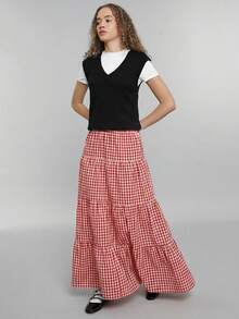 Easelle Women's Red Plaid Print High Waist Ruffle Hem Skirt, Spring/Summer - Red - View 3