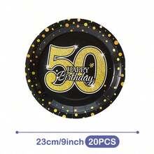 50周年金色波点生日快乐一次性餐盘、餐巾纸和杯子套装，可供20位客人使用。这款一次性派对用品套装（包括餐盘、餐巾纸和杯子）非常适合生日派对、婚礼和家庭野餐。 - 查看 9