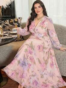 Modelyn 大码女士优雅收腰A字连衣裙 - 粉色 - 查看 2