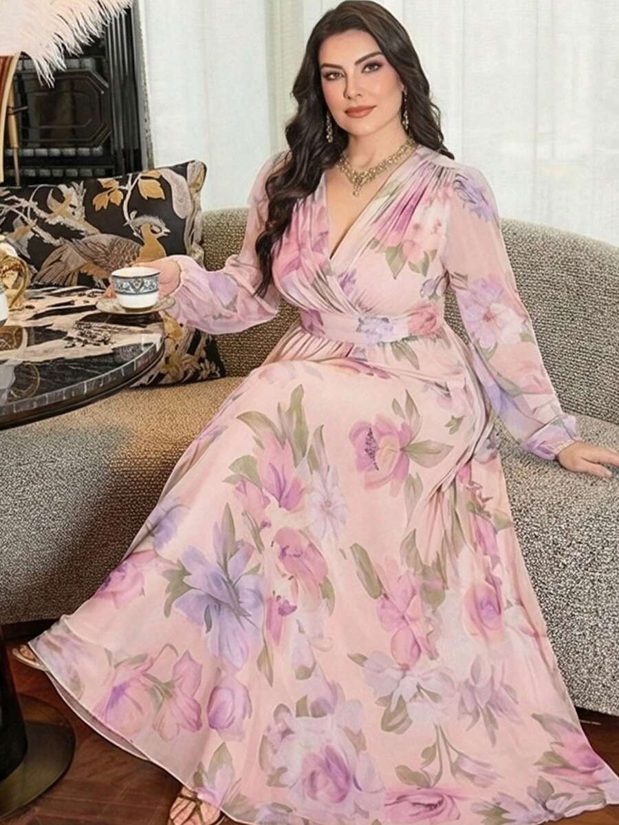Modelyn 大码女士优雅收腰A字连衣裙