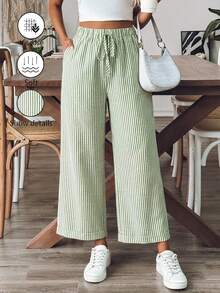 Breezaya Women's Tie Waist Striped Wide Leg Loose Pants - Green - View 5
