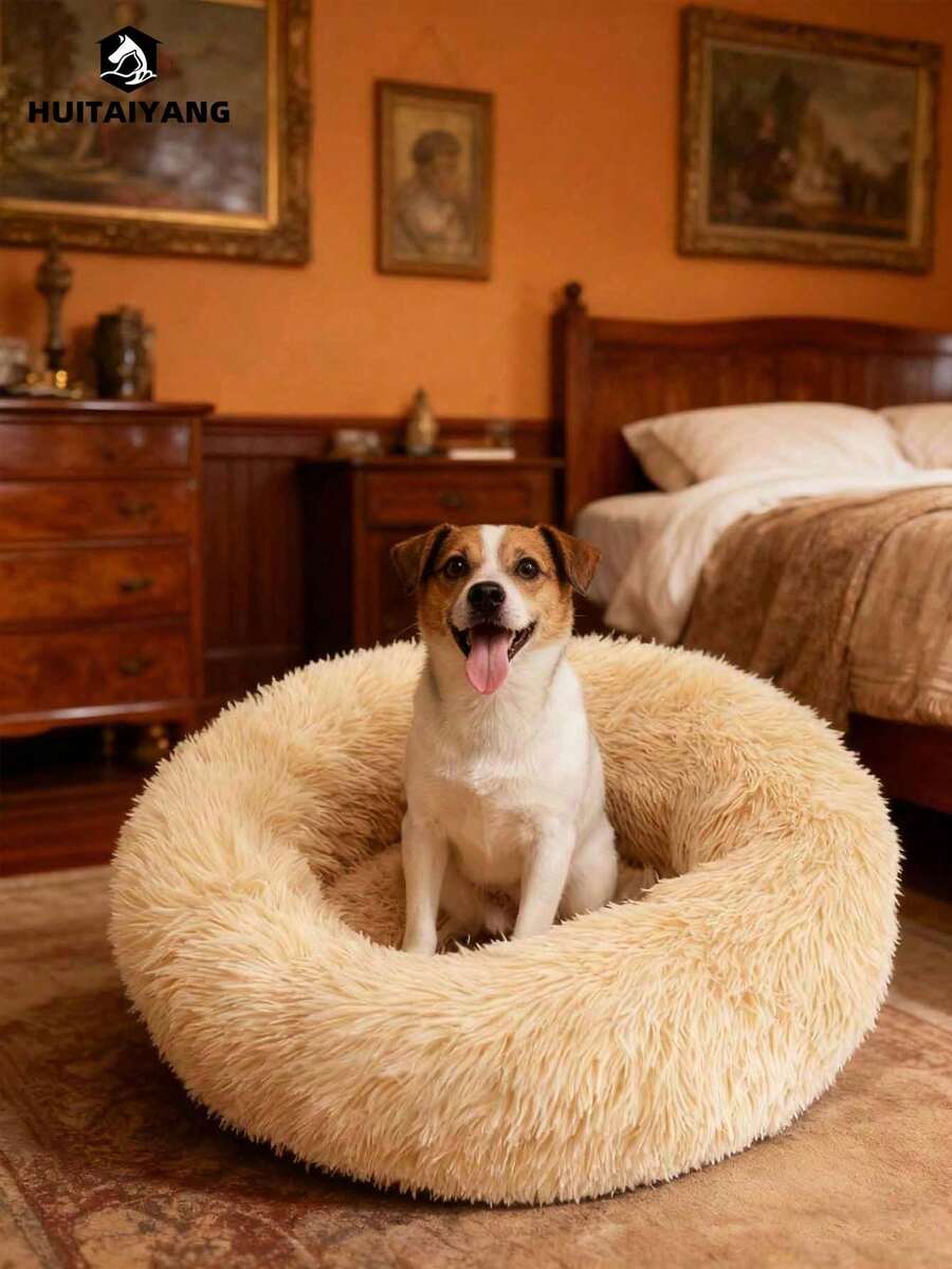 1个HUITAIYANG宠物圆形甜甜圈造型毛绒窝，纯色，不可拆卸，柔软舒适，可水洗，适合猫咪和小型/中型犬，可用于日常使用和户外携带。 - 杏色 - 查看 1