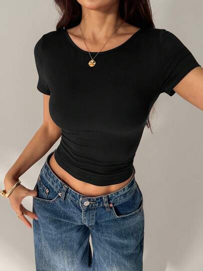 SHEIN PETITE Black Lace Patchwork Backless Metal Button Slim Short Sleeve Women's T Shirt,Going Out Tops,Women's Streetwear,Concert Party Tops,Ysk Women's Tops,Rave Outfits Festival,Ibiza Outfits,Vacation Top, Bohemian Vacation Beachwear Backless Top,Vacation Evening Wear Festival Occasion Summer Casual