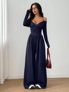 Flirla Women's Solid Color Ruched Long Sleeve Jumpsuit With Neck Tie Evening Night Out Navy Blue Autumn Elegant - Navy Blue - View 3