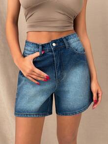 Quần short denim cạp cao, màu xanh nhạt, kiểu dáng thường ngày, cài cúc phía trước. - Rửa trung bình - Xem 3