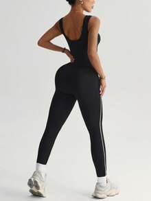 Dewbera Mono con cuello en V, cremallera frontal, rayas de contraste y espalda descubierta para mujer, adecuado para uso diario casual, correr, yoga, gimnasio, tenis, golf, primavera/otoño - Negro - Ver 5