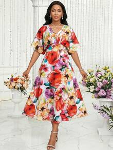 SHEIN Lady Women's Casual Vacation Style V-Neck Batwing Sleeve Dress - Multicolor - View 6