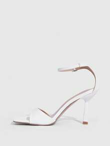 CUCCOO SZL Sandales à talons hauts fins avec bride à la cheville, décor de strass, bout carré, en satin noir. Convient pour le travail, les sorties, les mariages, les fêtes, les vacances, la Saint-Valentin et Noël - PU blanc - Voir 7