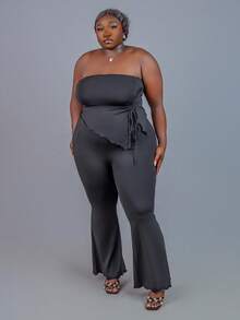 CurvyTilda Plus Size 2pcs Set Black Tube Top And Bell Bottom Jeans Outfit, Spring/Summer Elegant - Black - View 3