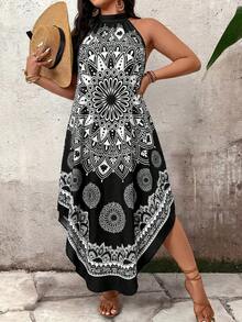 Breezaya Plus Size Women's Spring/Summer Black & White Retro Print Loose Casual Fashion Halter Maxi Dress, Stand Collar, Asymmetric Hem, Commute & Daily Wear - Multicolor - View 4