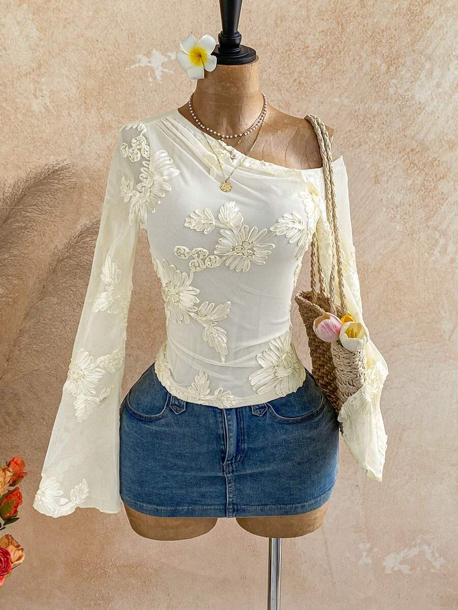 Soleia Nouvelle Décontractée Vacances, Occidentale, Plage, Invité de Mariage, Remise des Diplômes, Brunch Pause de Printemps, Pâques, Festival de Musique - Élégante Bohème, Tropicale, Transparente, Top à Manches Évasées Asymétriques Brodées - Nude - Voir 1