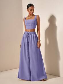 Zivah Women's 2 Pieces Set Purple Summer Tropical Holiday Vacation Holiday,Fishbone Strap Top And Wide Leg Pants With Pockets,Textured Casual Work Outfits - Mauve Purple - View 8