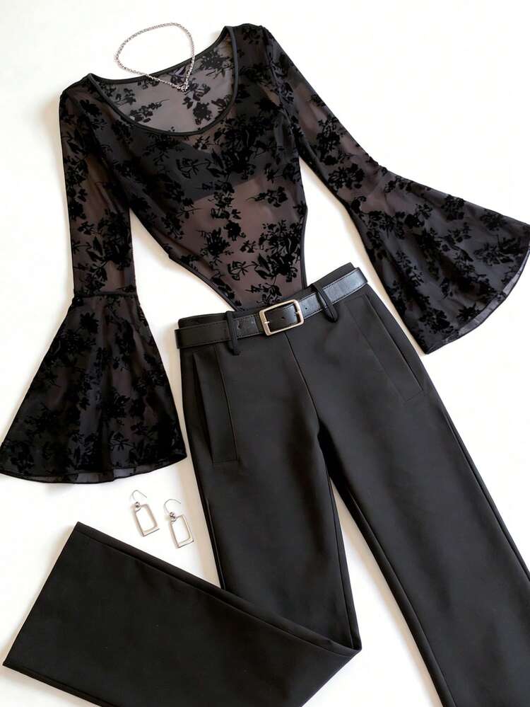 Women's Elegant Floral Print Flare Sleeve Bodysuit, Spring/Summer Bodysuits For Women