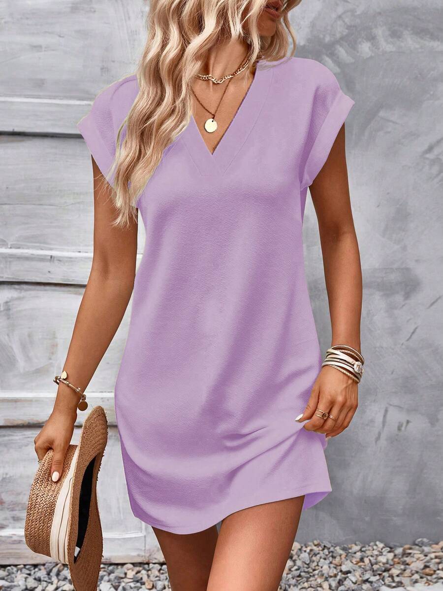EMERY ROSE Đầm nữ màu trơn cổ chữ V tay cánh dơi kiểu dáng thường ngày - Màu tím - Xem 1
