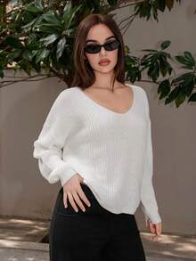 Bris Aura Solid Drop Shoulder Ribbed Knit Sweater,Long Sleeve Tops,Off The Shoulder Sweater In Fall/Winter White Casual - White - View 5