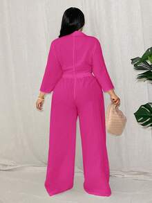 Slaydiva Bộ đồ mùa hè dành cho nữ cỡ lớn, kiểu dáng thường ngày, gợi cảm, tối giản, gồm áo tay lỡ thắt nơ và quần ống đứng. - Màu Hồng Tươi - Xem 2