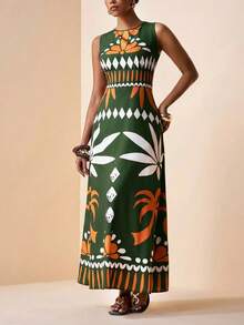 Zivah 2026 Spring/Summer New Music Festival, Easter, St. Patrick's Day, Western, Nomadic, Birthday Party, Graduation, Campus Style, Student Wear, Daily Casual, Vacation, Cruise Travel, Beach, Sunbathing, Viral , Street Style Women's Tropical Rainforest Combination Pattern Printed Sleeveless A-Line Maxi Dress - Green - View 4