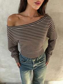 Aloruh 女士百搭复古棕色舒适条纹不对称领性感优雅浪漫T恤，适合外出、街头风、机场穿搭，时尚别致 - 彩色 - 查看 5